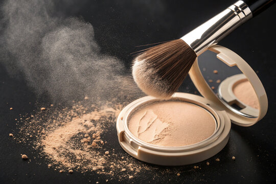 Beige powder disperses with a brush against a black textured backdrop. For beauty product photography, cosmetic branding, or makeup posters. - Powered by Adobe