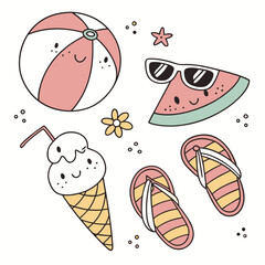 Vector art of cute summer icons with beach ball, watermelon, ice cream isolated on white background