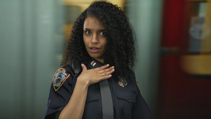 Woman in police uniform at train station with blurred background, expressing surprise, indoors,...