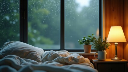 Rainy Day Bedroom Scene with Lamp Light and Window View of Lush Greenery