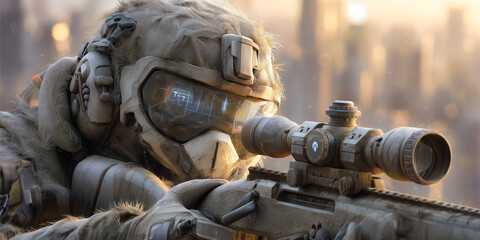 Dynamic 3D scene of tactical soldier on rooftop at dusk aiming sniper rifle with high-tech visor and digital HUD