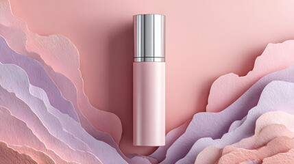 Cosmetic Bottle on Abstract Layered Pink and Purple Paper Cut Background