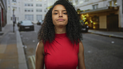 Fototapeta premium Woman standing on urban street wearing red top, displaying puzzled expression, with curly hair in outdoor setting, suggesting a casual and relatable moment.