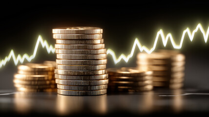 Stacks of gleaming gold coins rise beneath a pulsing profit line, visualizing accumulated capital, disciplined saving and the unpredictable rhythm of market growth.
