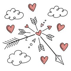 Vector art of arrows and hearts with clouds isolated on white background