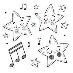 Vector art of cute sleepy stars and music notes doodle isolated on white background