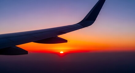 Obraz premium View of a stunning sunset from an airplane window, with the aircraft wing silhouetted against the vibrant, colorful sky. Concept of air travel and journey.