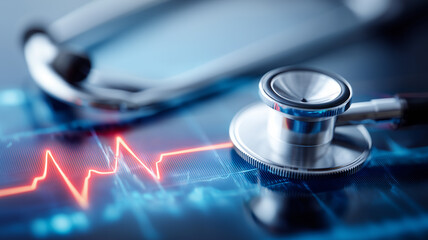 Metal stethoscope over a glowing ECG waveform represents cardiac monitoring and the critical intersection of technology diagnostics and life saving healthcare decisions.
