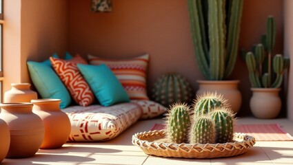Desert Oasis Seating Area with Cacti and Pillows in Earth Tone Setting