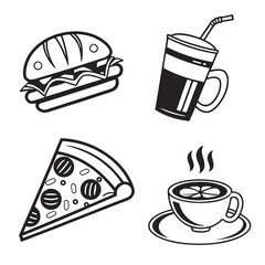 Vector art of black and white line art of fast food and drinks isolated on white background