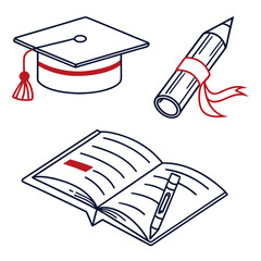 Vector art of graduation cap, diploma and book icon set isolated on white background