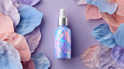 Cosmetic Bottle on Abstract Layered Pink and Purple Paper Cut Background