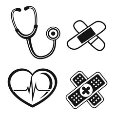 Vector art of medical icon set with stethoscope, bandage and heart isolated on white background