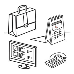 Vector art of business icon set with briefcase, calendar, computer and phone isolated on white