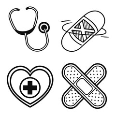 Vector art of health care icons with stethoscope, bandage and heart isolated on white background