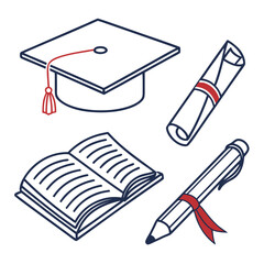 Vector art of graduation cap, diploma, book and pencil isolated on white background