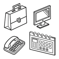 Vector art of isometric office icons with briefcase, computer, phone and calendar