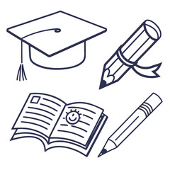 Vector art of graduation cap, diploma, book, and pencil isolated on white background