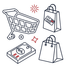 Vector art of shopping cart, bags, and money icons isolated on white background