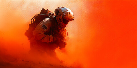 Detailed 3D rendering of emergency medevac exoskeleton carrying wounded soldier across debris-filled warzone under orange light