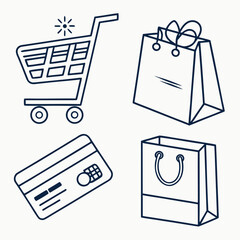 Vector art of shopping cart, bags, and credit card icons isolated on white background