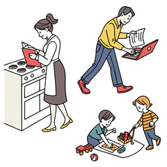 Vector art of family members balancing work and life at home isolated on white background
