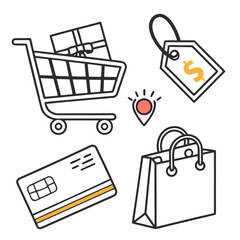 Vector art of shopping cart, bags, and credit card icons isolated on white background