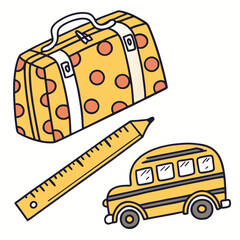 Vector art of suitcase, school bus and ruler isolated on white background