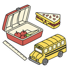 Vector art of lunchbox with school bus and sandwich isolated on white background