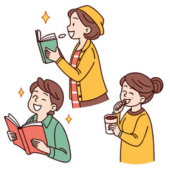 Vector art of cartoon illustration of people reading books and enjoying isolated on white background