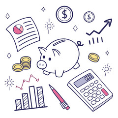 Vector art of piggy bank with business and financial elements isolated on white background