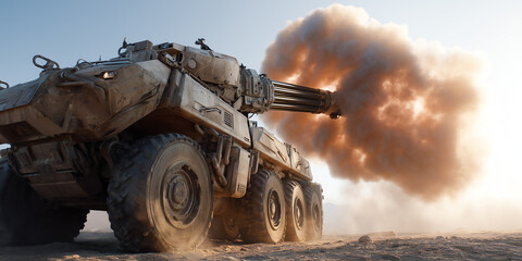 Striking low-angle 3D portrayal of futuristic artillery railgun firing glowing plasma rounds from armored chassis