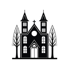 Silhouette of a gothic church with pointed towers and trees