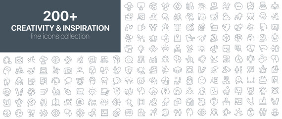 Creativity and inspiration line icons collection including visual brainstorming, creative ideas, imagination, art design process, motivation, and artistic thinking