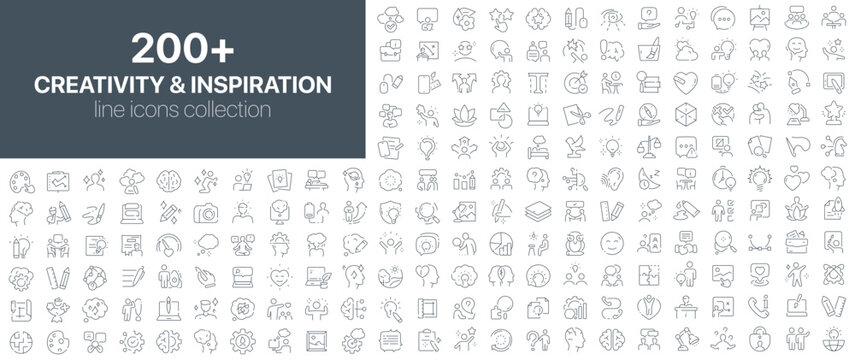 Creativity and inspiration line icons collection including visual brainstorming, creative ideas, imagination, art design process, motivation, and artistic thinking