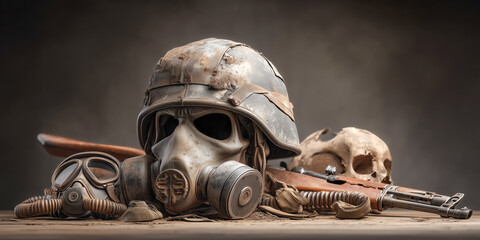 Stylized 3D Composition of Floating War Gear Including Rifle, Helmet and Gas Mask