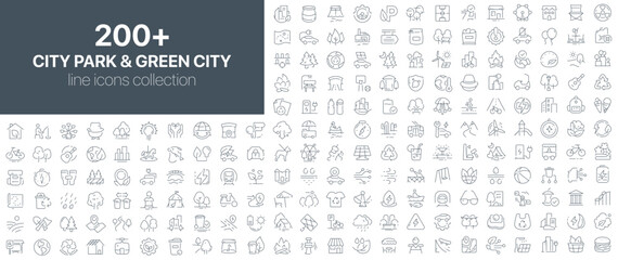 Plakat City park and green city line icons including trees, recycling, eco transport, clean energy, urban nature, walking zones, and public spaces. Suitable for eco initiatives, smart cities