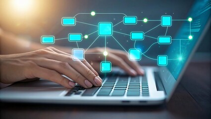 Person typing on laptop with digital network diagram