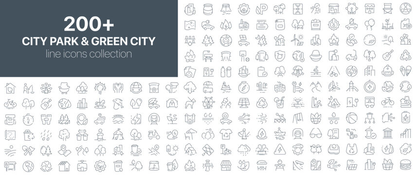 City park and green city line icons including trees, recycling, eco transport, clean energy, urban nature, walking zones, and public spaces. Suitable for eco initiatives, smart cities