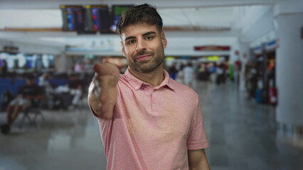 Fototapeta premium Smiling man offering handshake with extended hand at busy airport terminal; warmth trust connection journey.