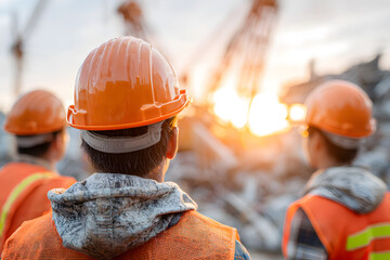 Engineers Surveying Post-Disaster Site at Sunrise with Hopeful Determination