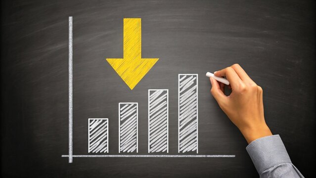 Hand drawing downward arrow and bar chart chalkboard