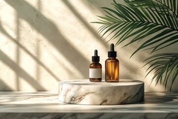 Obraz premium Cosmetic dropper bottles on marble podium