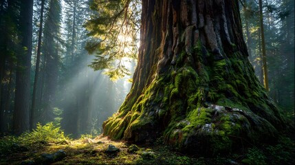 Majestic Giant Sequoia Forest with Ethereal Sunbeams Piercing Misty Woodland and Illuminating Moss-Covered Tree Trunk, Nature Background