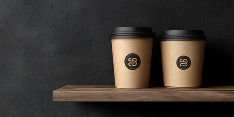 Two identical takeaway coffee cups with black lids placed on wooden shelf against dark background


