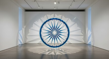 Dynamic blue wheel sculpture casting geometric shadows in modern gallery