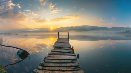 Panoramic View of a Stunning Sunrise Over the Lake: Blazing Hues of Orange, Pink, and Gold Painting the Sky, Reflected in Calm Waters, Unfolding Nature’s Breathtaking Morning Masterpiece