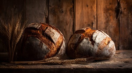 Two rustic loaves of artisanal bread on a wooden surface.