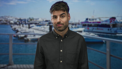 Man smiling in black shirt by port railing with anchored boats under clear sky in daylight;...