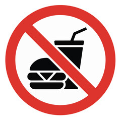 A vector warning symbol showing a red circle with a diagonal line over a cigarette, fast food, and drink, indicating a forbidden no-smoking, no-food, and no-drink zone